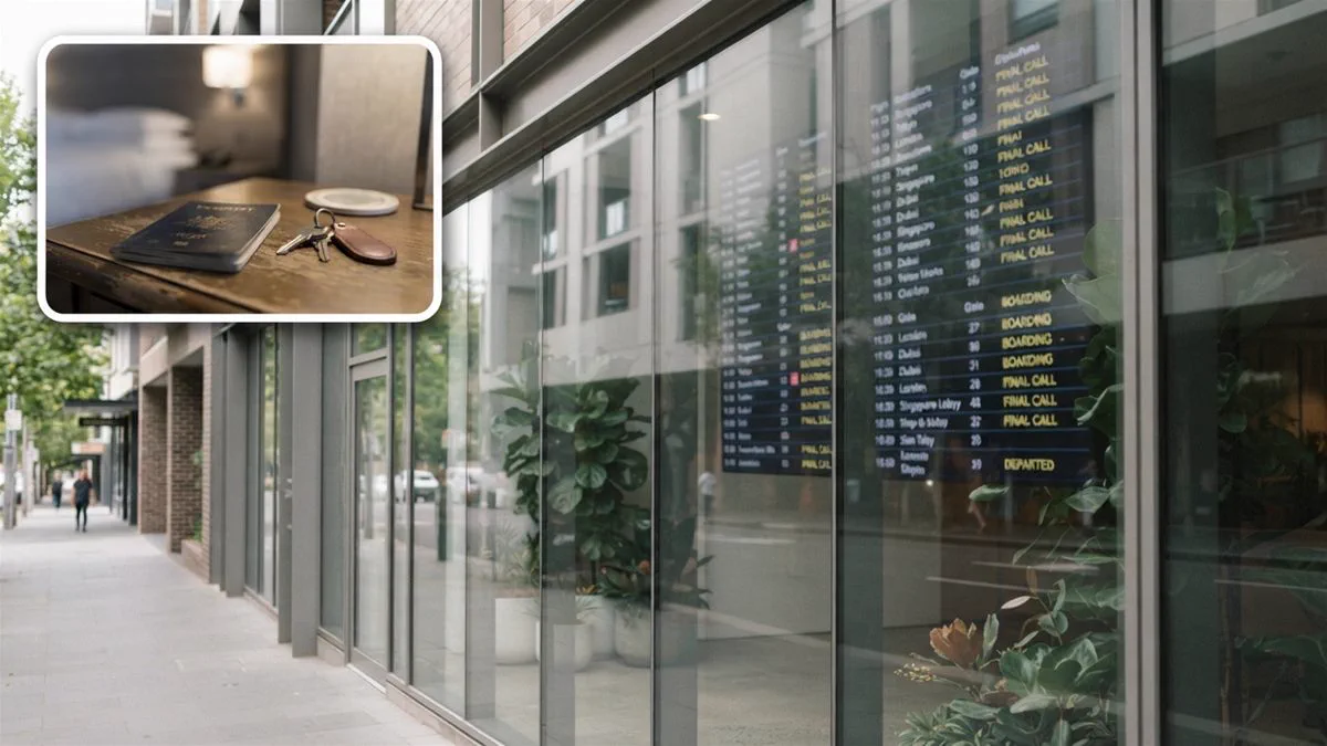 An international departures board reflected in the glass of an apartment building